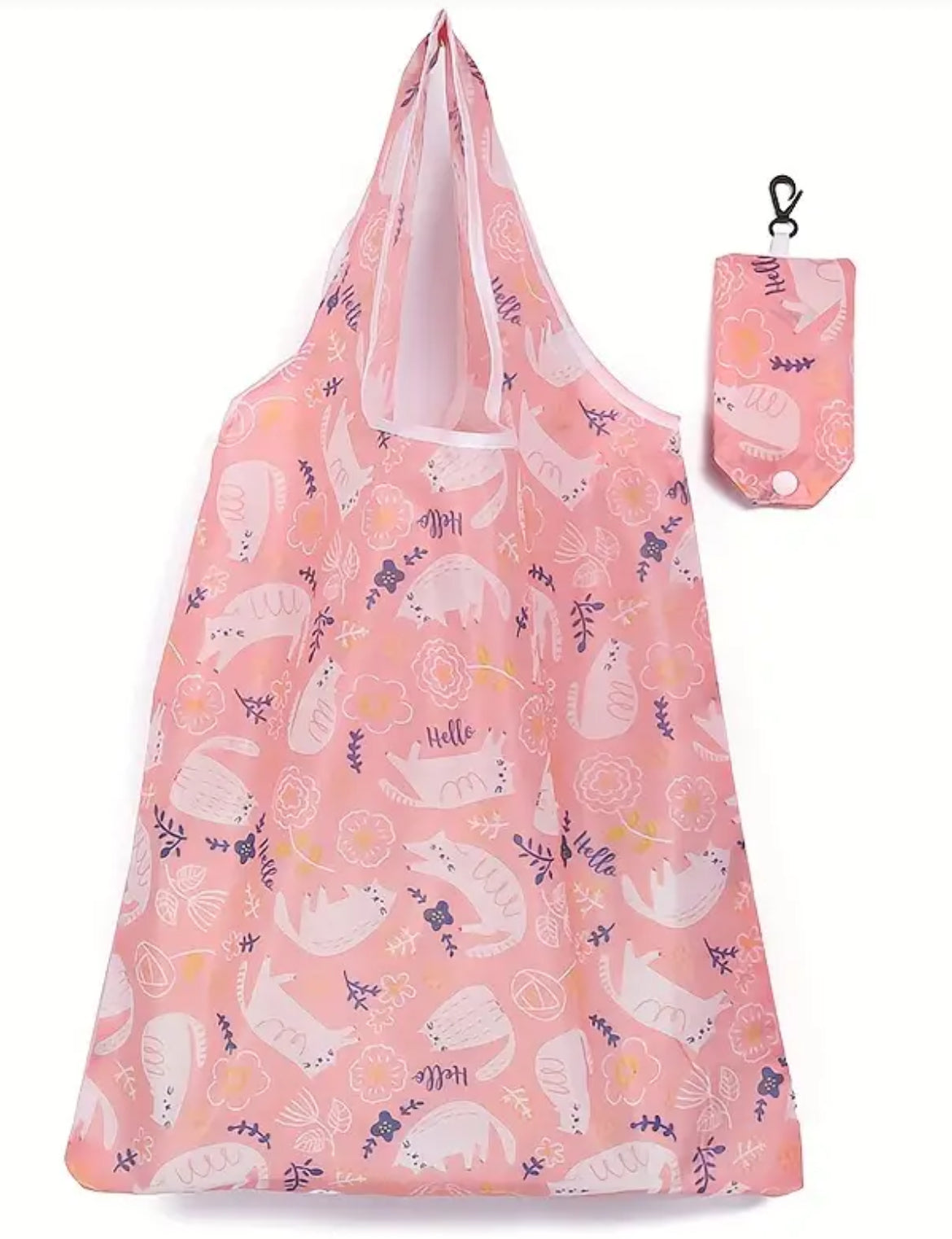 Pink Kitty Cat Reusable Tote Bag With Carrying Case