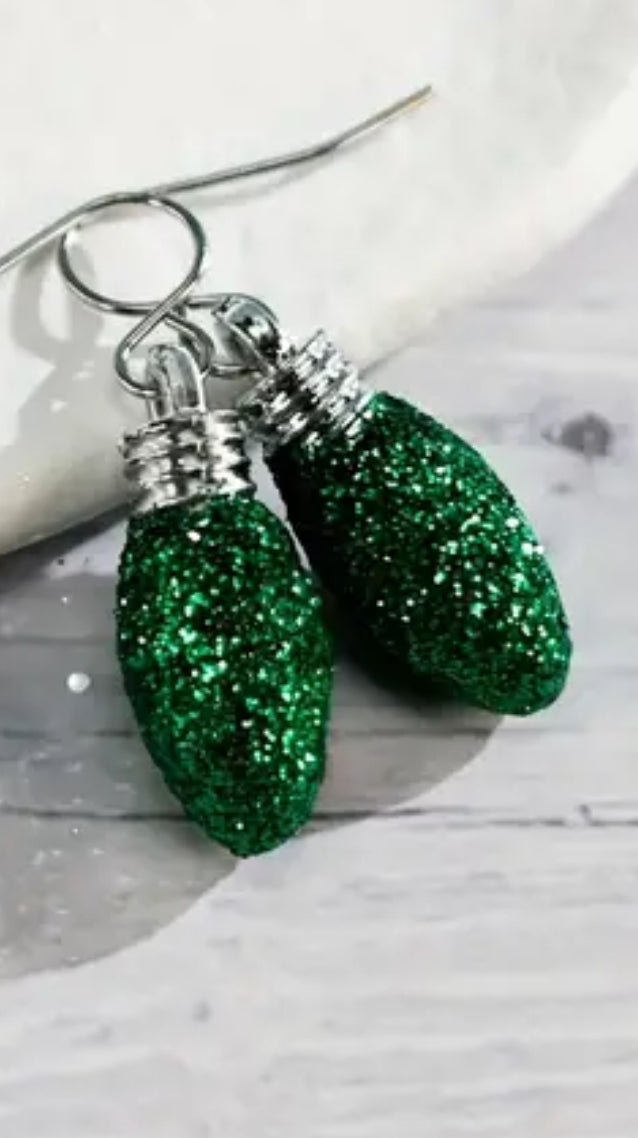 Sparkly Green Dangle Christmas Bulb Earrings
