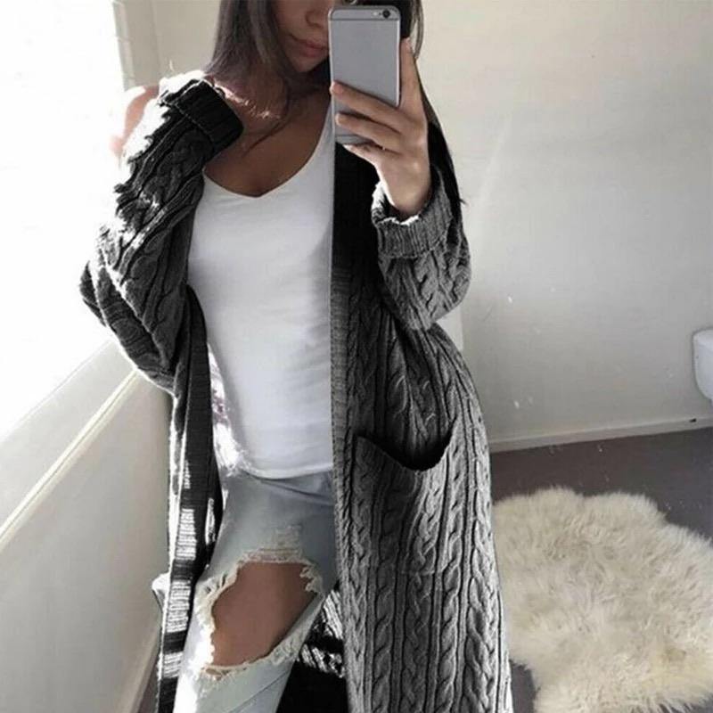 Long Cozy Knitted Cardigan - Black (Charcoal) - Shear Xcitement Boutique