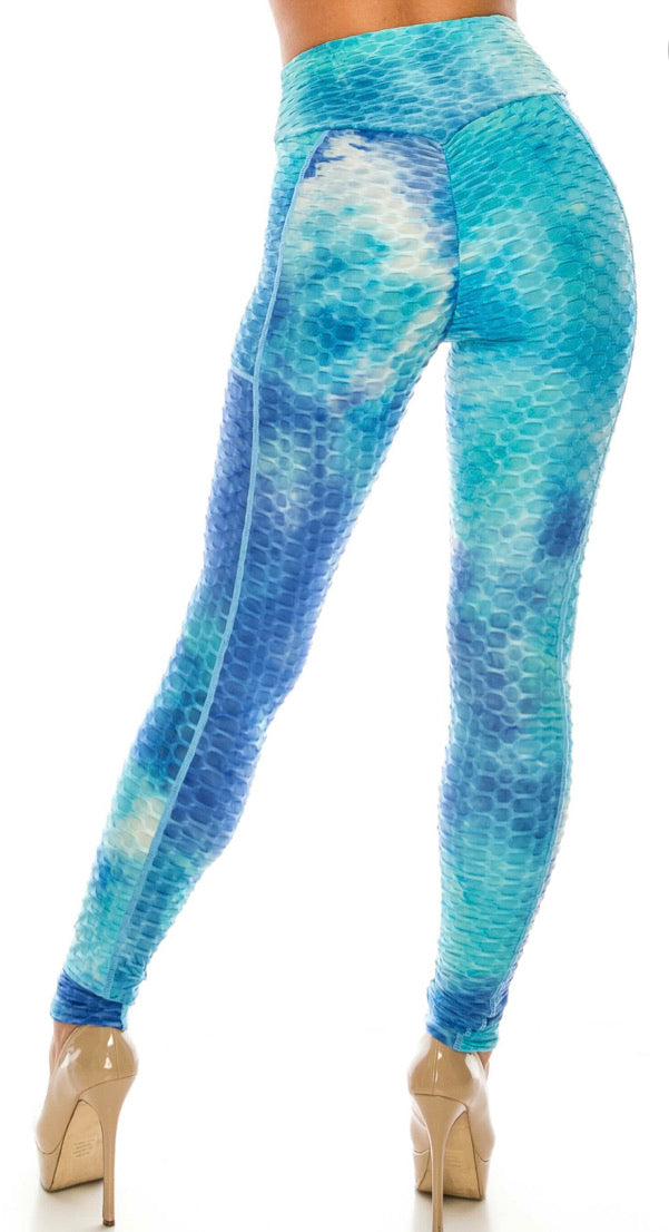 Premium Gorgeous Blue Tie Dye Scrunch Butt Leggings With Side Pockets - Large/XL