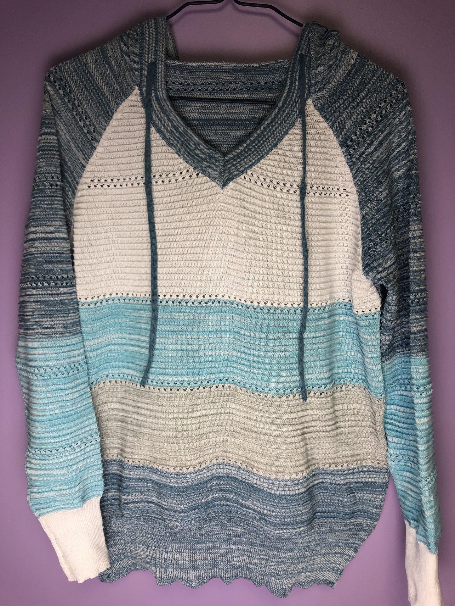Sky Blue V-Neck Hooded Sweater - Shear Xcitement Boutique