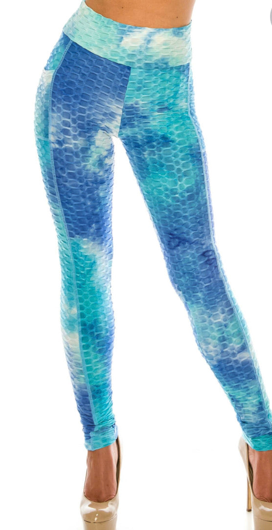 Premium Gorgeous Blue Tie Dye Scrunch Butt Leggings With Side Pockets - Small/Medium
