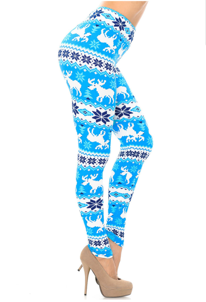 Buttery Soft Icy Blue Reindeer Leggings - Plus Size