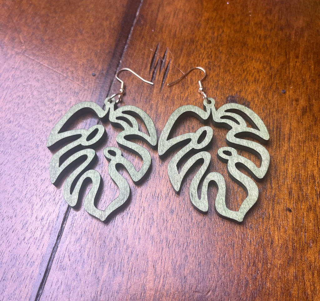 Wooden Monstera Leaf Design #1 Dangle Earrings