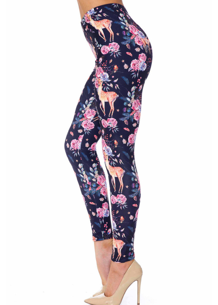 Buttery Soft Woodland Floral Fawn Leggings - XPlus
