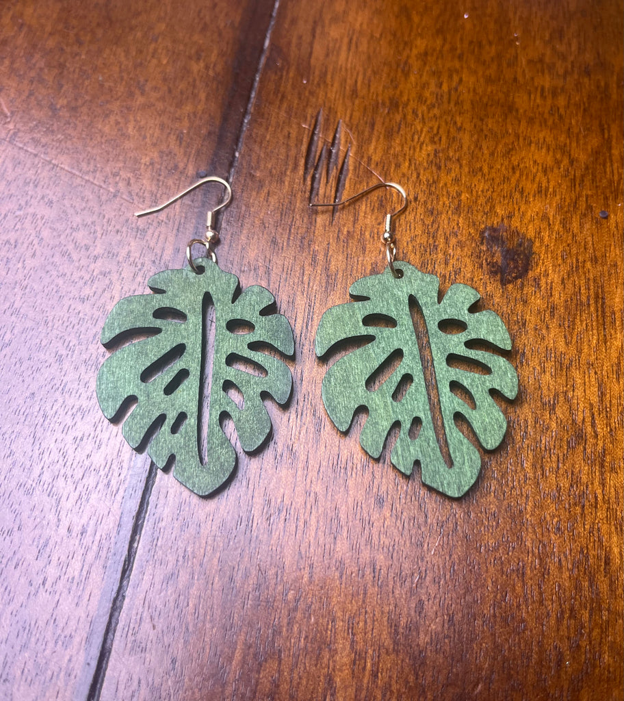 Wooden Monstera Leaf Design #3 Dangle Earrings