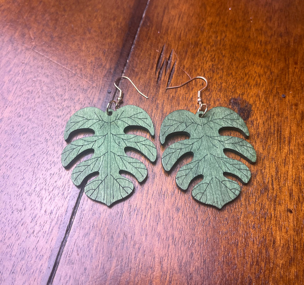 Wooden Monstera Leaf Design #2 Dangle Earrings