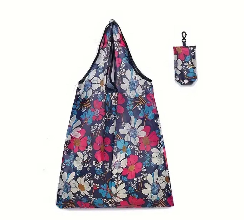 Blue Floral Reusable Tote Bag With Carrying Case