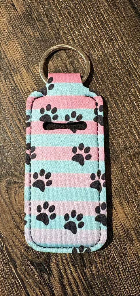 Pink & Blue Striped Paw-print Chapstick Keychain Holder