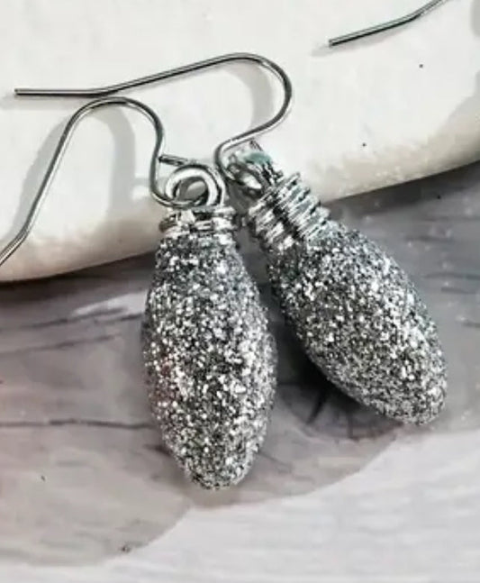 Sparkly Silver Dangle Christmas Bulb Earrings