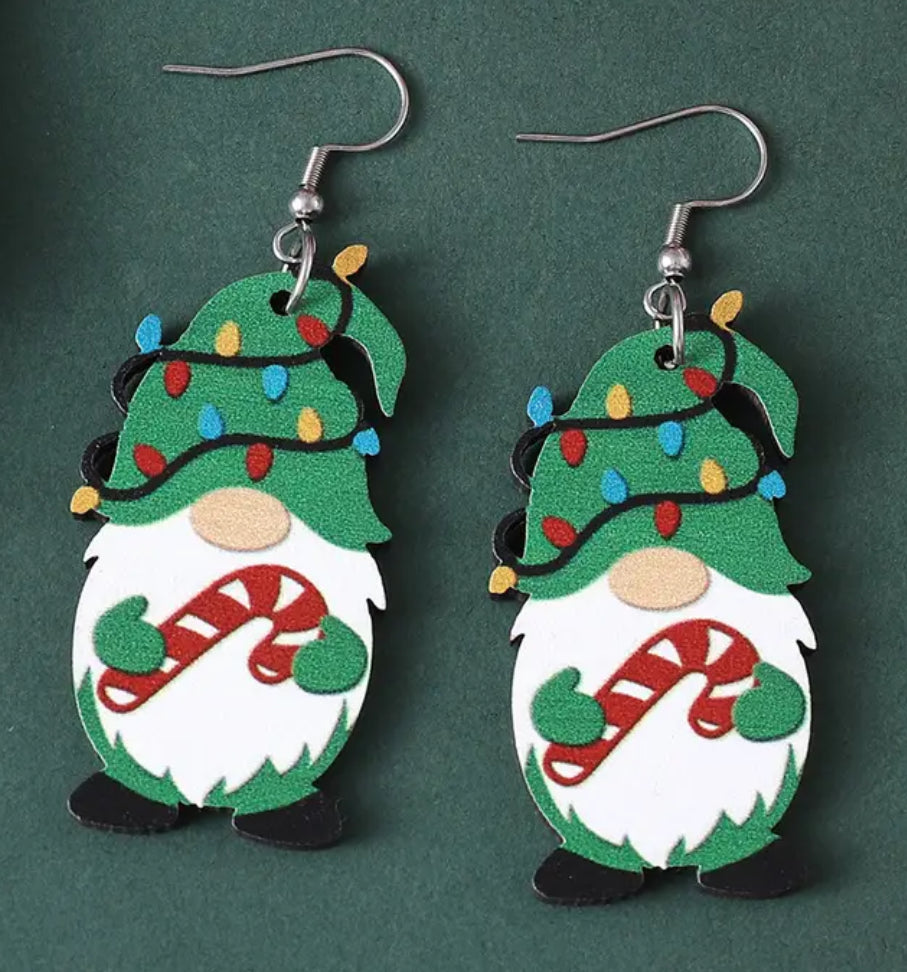 Christmas Candy Cane Gnome Dangle Earrings