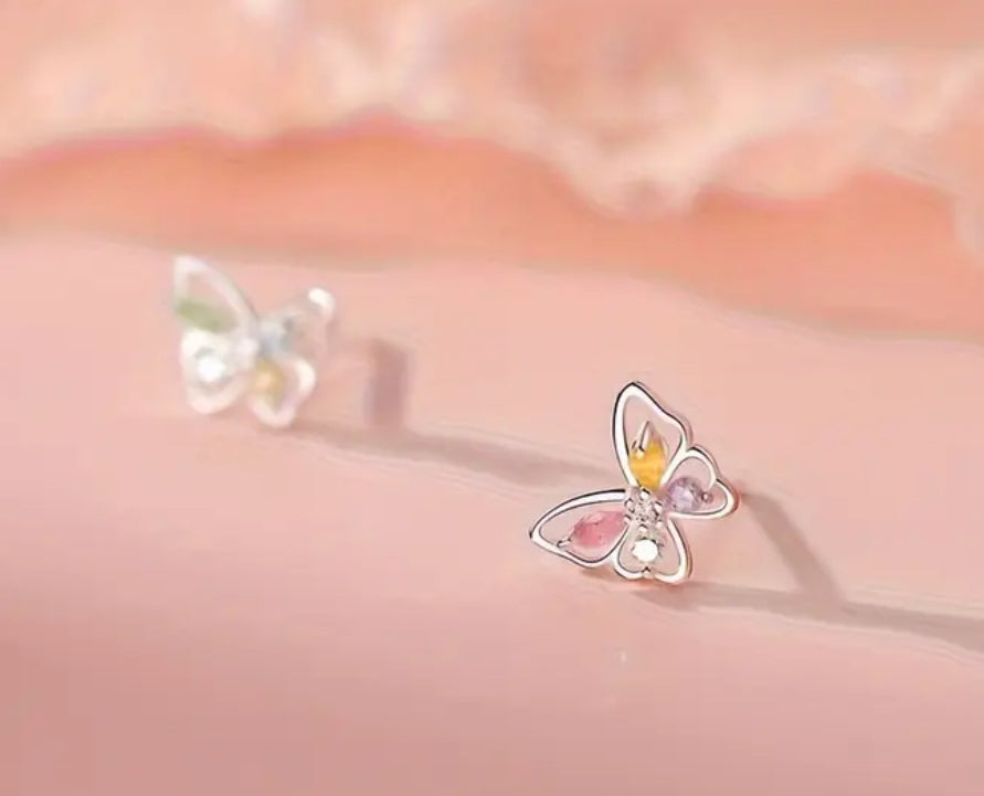 Silver Colorful Butterfly Earrings