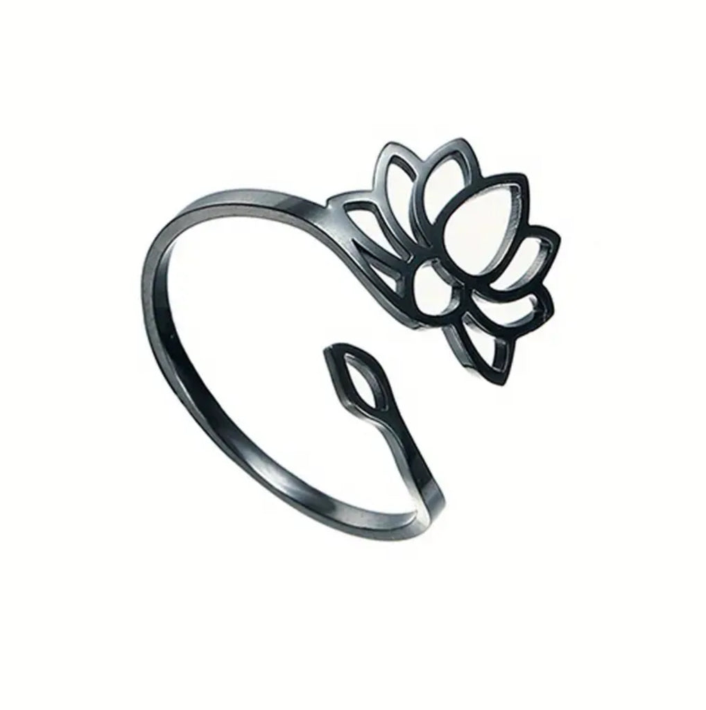 Black Coated Adjustable Lotus Flower Ring