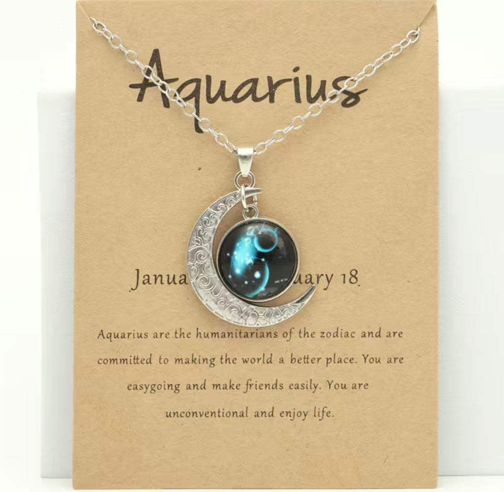 Aquarius Retro Zodiac Moon Pendant