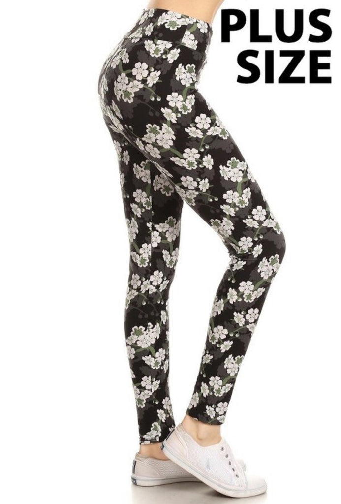 Buttery Soft White Floral High Waisted Legging - Plus Size