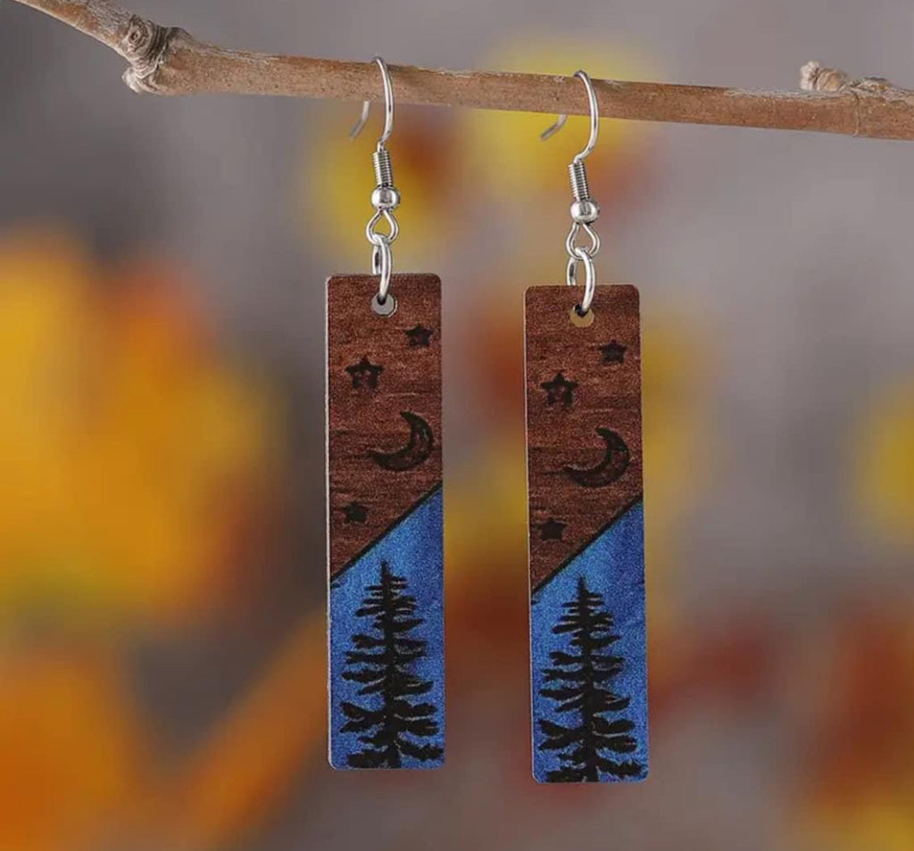 Vintage Wooden Pine Tree/Star Dangle Earrings - Blue