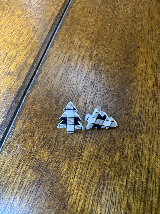 Black and White Buffalo Plaid Christmas Tree Stud Earrings