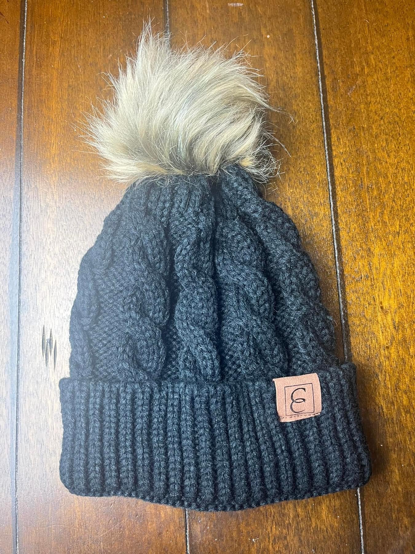 Solid Black Faux Fur Pom Pom Hat