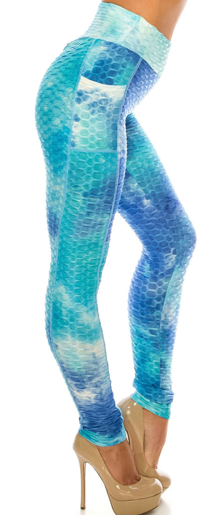 Premium Gorgeous Blue Tie Dye Scrunch Butt Leggings With Side Pockets - Small/Medium