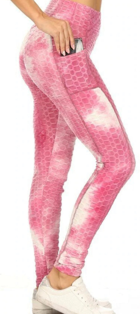 Premium Mauve Tie Dye Scrunch Butt Leggings With Side Pockets - Large/XL