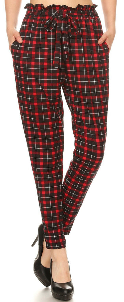 Red Plaid High Waisted Paper Bag Tie Front Pants - XL