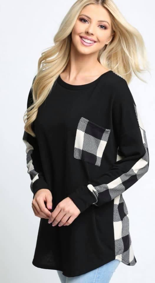 Long Sleeve Plaid Contrast Top With Front Pocket - Ivory - Small