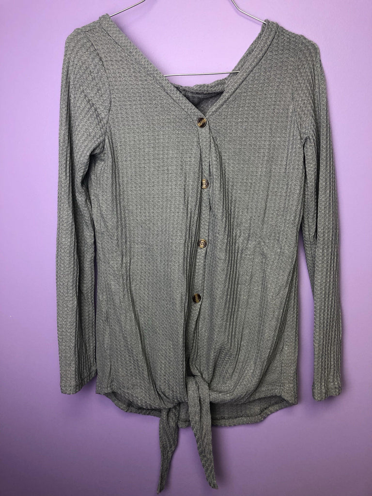Grey Button Down Waffle Style Sweater With Tie Front - Shear Xcitement Boutique