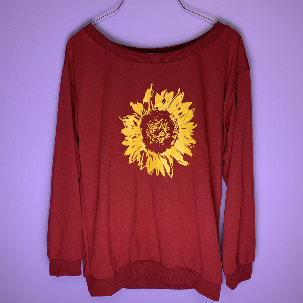 Wine Red Sunflower Pullover Long Sleeved Top - Shear Xcitement Boutique