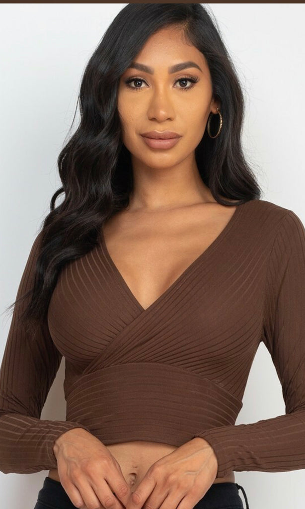 Coffee Colored Long Sleeve Ribbed Wrap Front Crop Top - Small