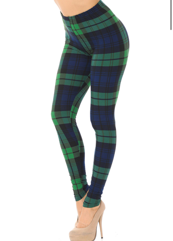 Butter Soft Plaid Green Leggings With Yoga Waist - Reg. One Size