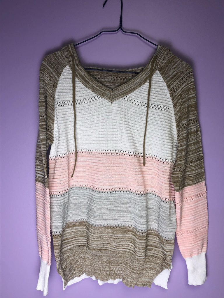 Pink V-Neck Striped Hooded Sweater - Shear Xcitement Boutique